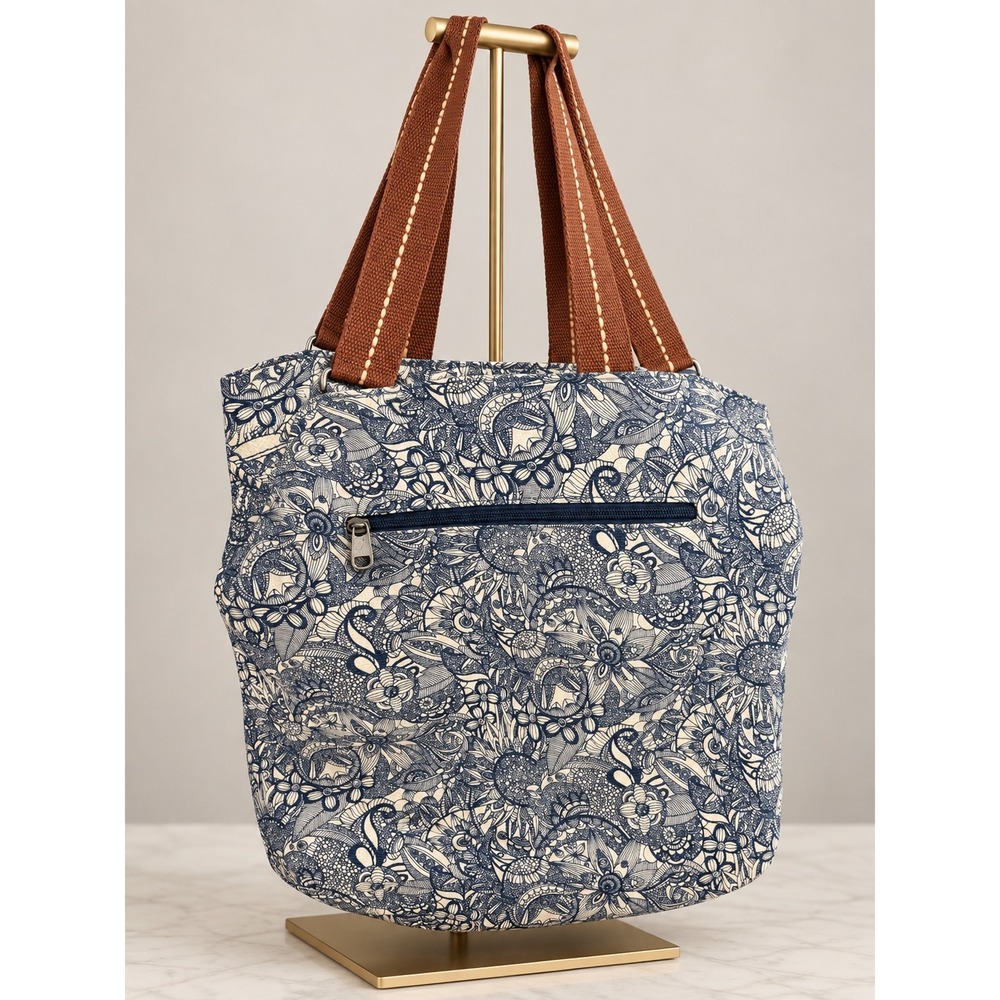 Sakroots Blue White Floral Canvas Tote Bag Boho Shoulder Bag Peace Pin 14x17x5